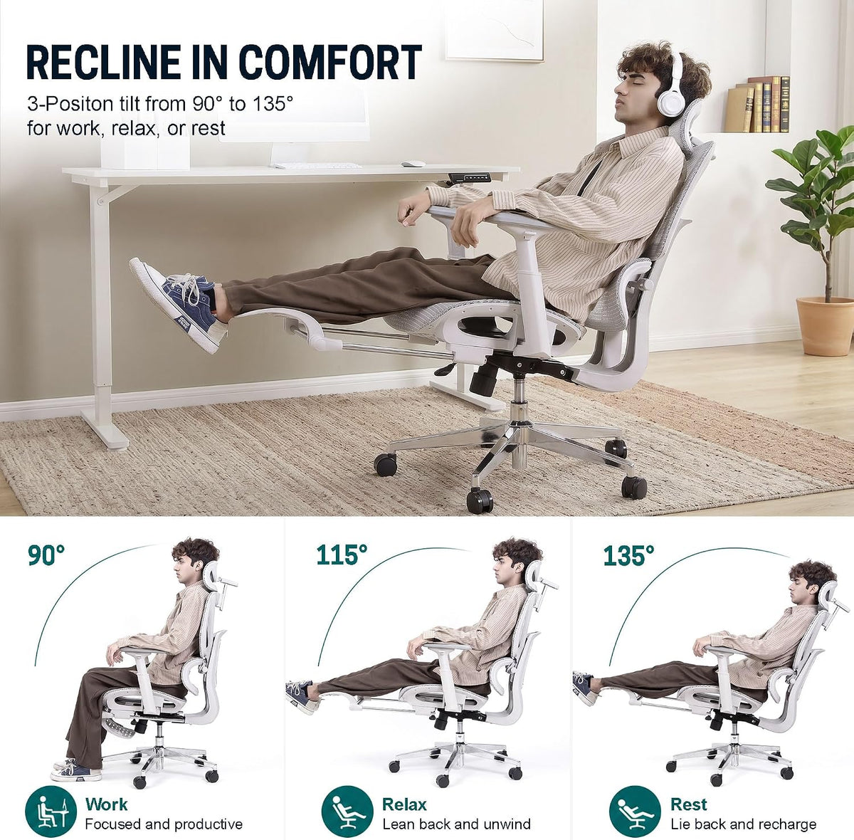 ATORPOK Reclining Mesh Office Chair with Footrest Grey image 4