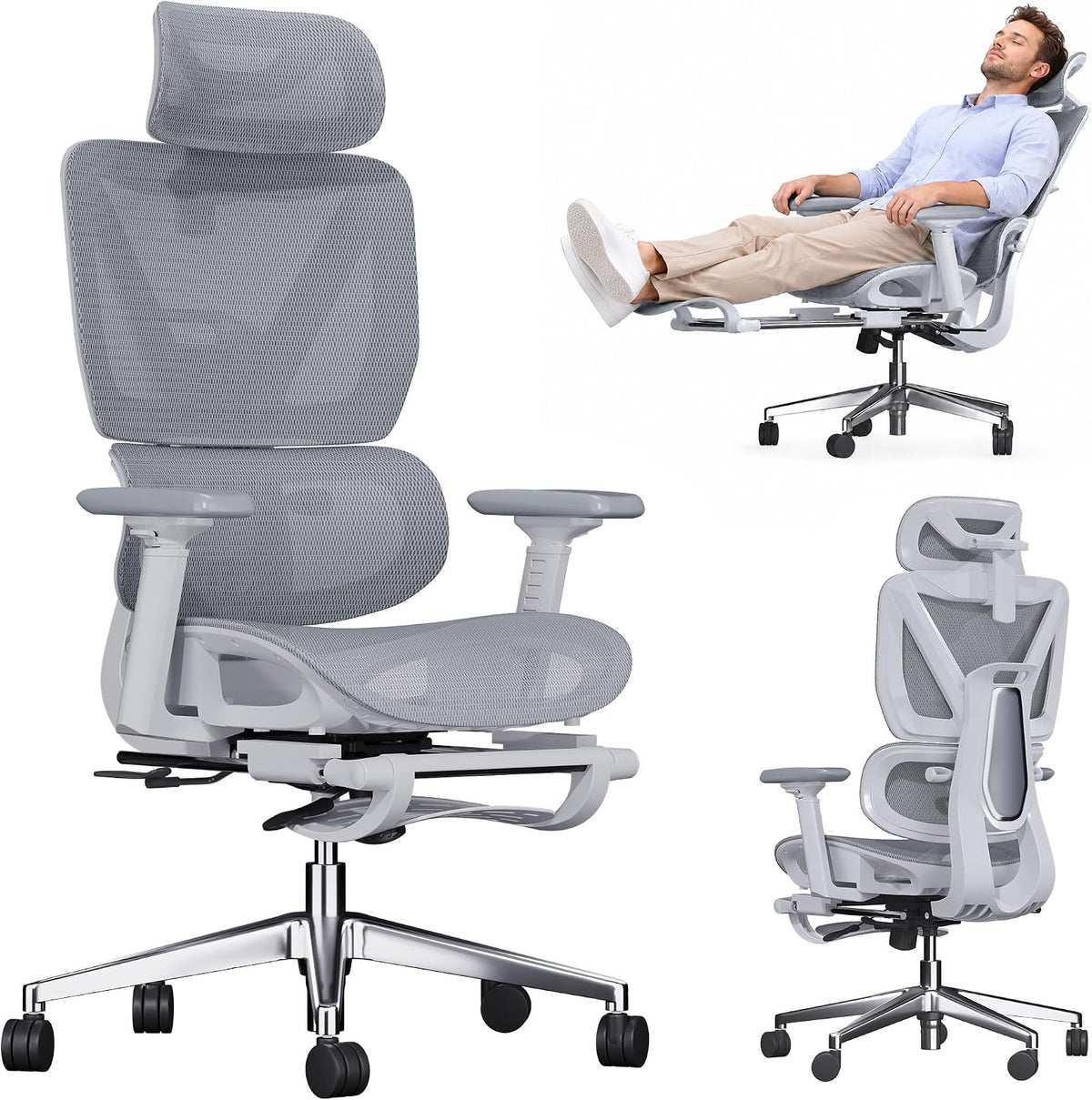 ATORPOK Reclining Mesh Office Chair with Footrest Grey image 1